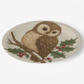 Borduurwerk Kerstuil met Holly Rustic Papieren Bordje (Gekanteld)