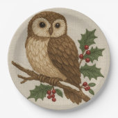 Borduurwerk Kerstuil met Holly Rustic Papieren Bordje (Voorkant)