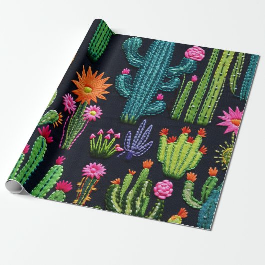 Borduurwerk-look Cactus en Desert Flowers Cadeaupapier (Uitgerold)