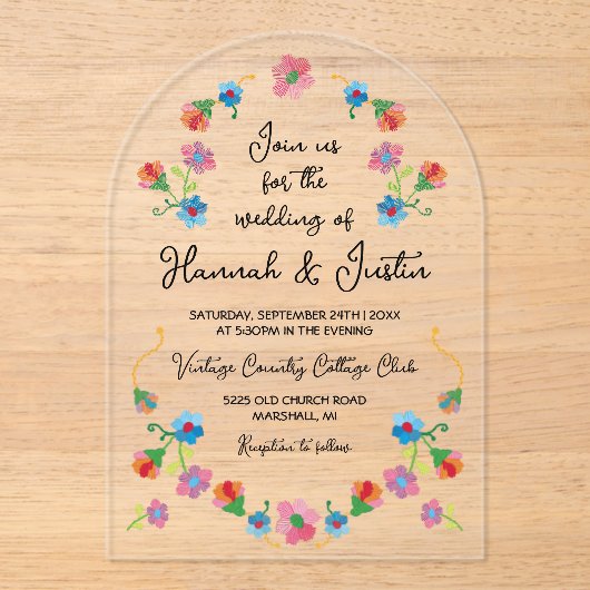 Borduurwerk Mexicaanse Fiesta Floral Wedding Acryl Uitnodigingen (Voorkant)