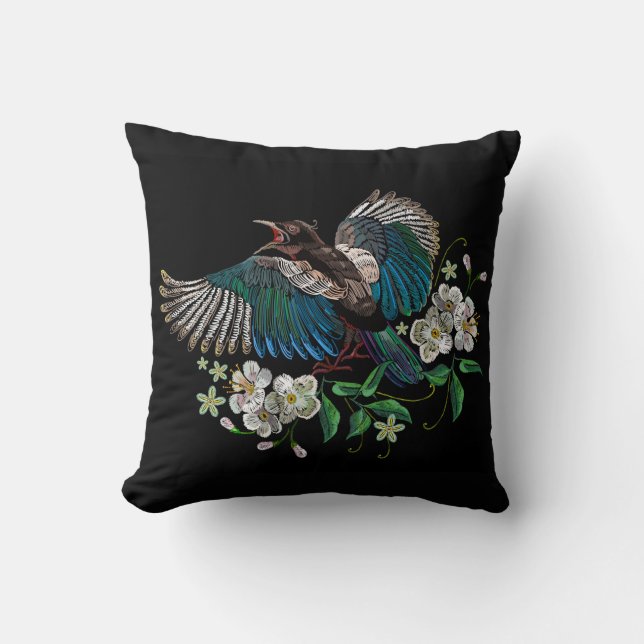 Borduurwerk Ontwerp Magpie Vogel Witte Bloem Zwart Kussen (Voorkant)