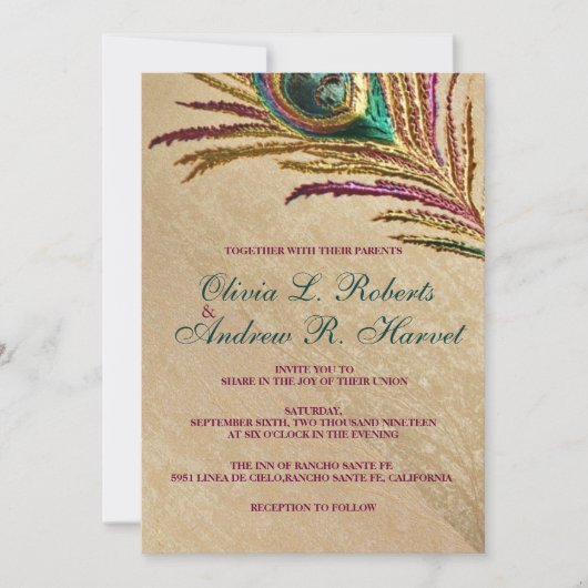 borduurwerk pauw veer bruiloft uitnodigingen (Voorkant)