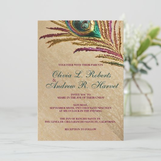  borduurwerk pauw veer bruiloft uitnodigingen (Staand voorkant)