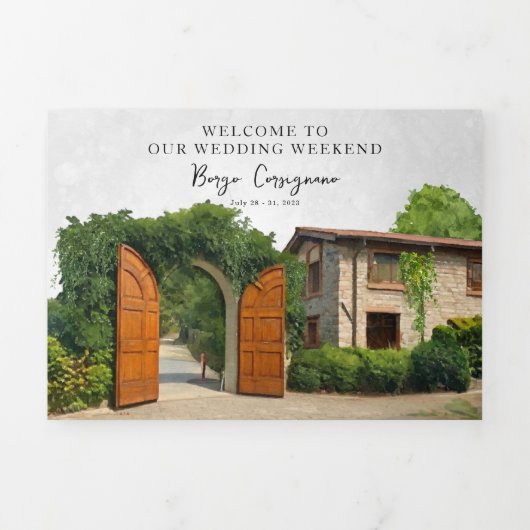 Borgo Corsignano | Geïllustreerde bruiloft Drieluik Uitnodiging (Cover)