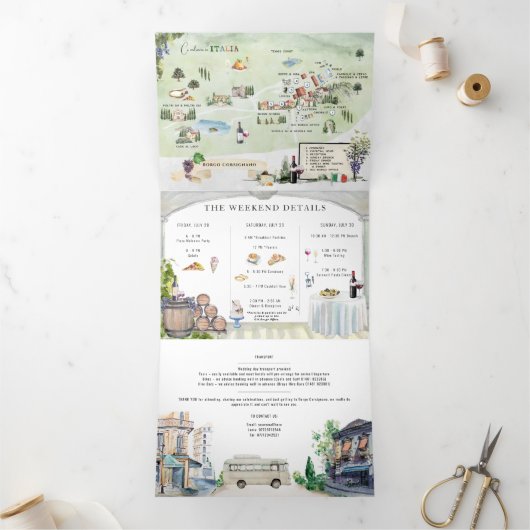 Borgo Corsignano | Geïllustreerde bruiloft Drieluik Uitnodiging (Binnen)