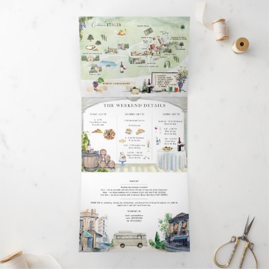 Borgo Corsignano | Geïllustreerde bruiloft Drieluik Uitnodiging (Binnen)