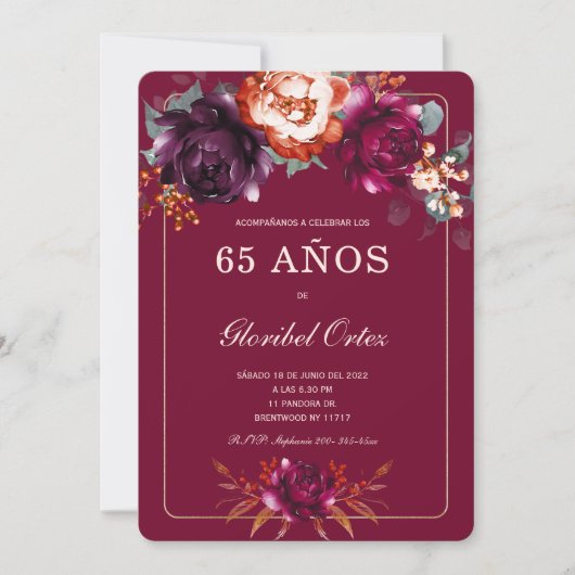 Borgoña 65e ideeën de fiesta de cumpleaños para kaart (Voorkant)