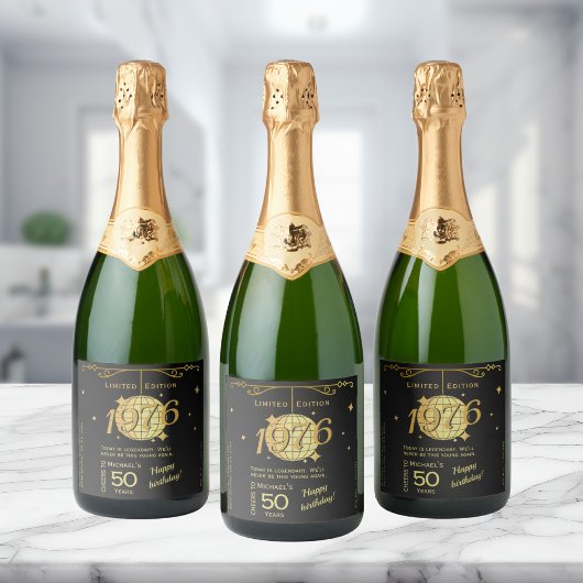 Born 1976 50th  birthday party black bottle label sparkling wijnetiket