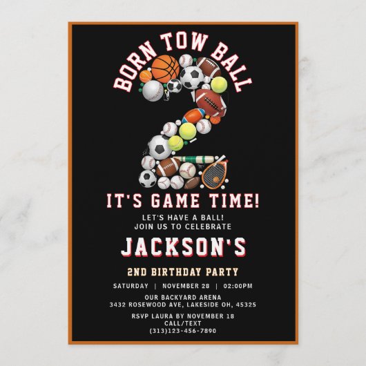 Born 2 Ball Sport Themed Boy 2nd Birthday Party Kaart (Voorkant)