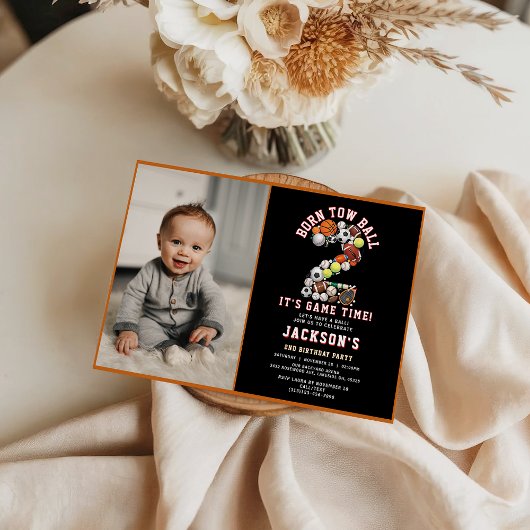 Born 2 Ball Sport Themed Boy 2nd Birthday Party Kaart