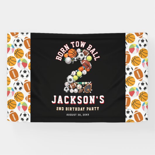 Born 2 Ball Sport Themed Boy 2nd Birthday Party Spandoek (Horizontaal)