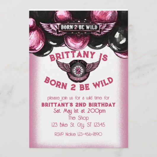 Born 2 Be Wild Pink, Black Motorcycle 2nd Birthday Kaart (Voorkant)