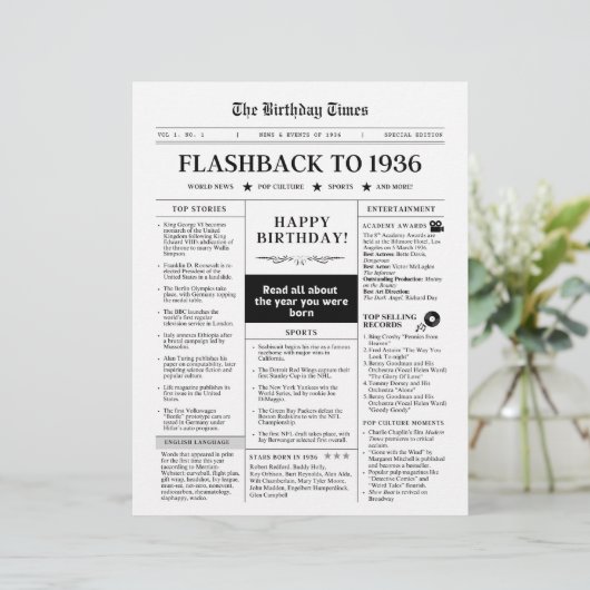 Born in 1936 Fun Newspaper black and white (Staand voorkant)