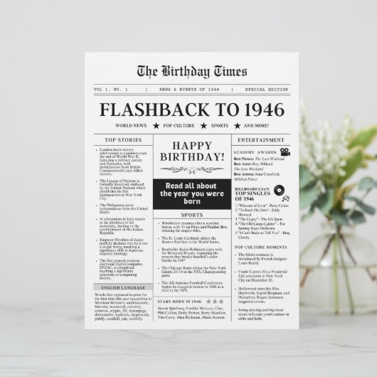 Born in 1946 Fun Newspaper black and white (Staand voorkant)