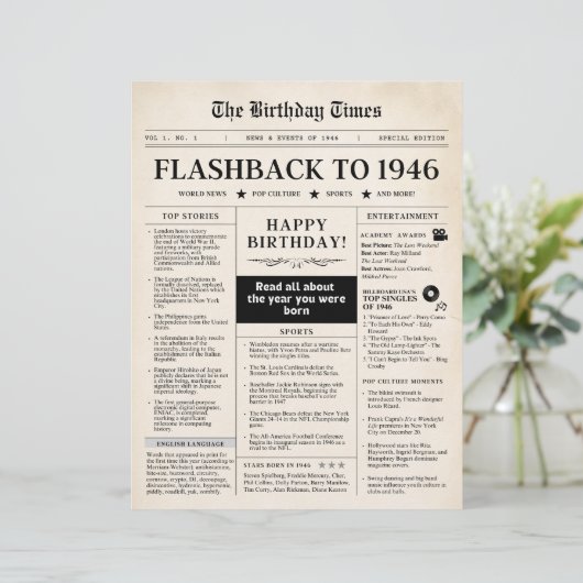 Born in 1946 Mock Newspaper sepia (Staand voorkant)