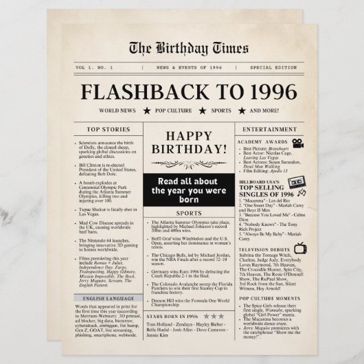 Born in 1996 Sepia Newspaper (Voorkant / Achterkant)