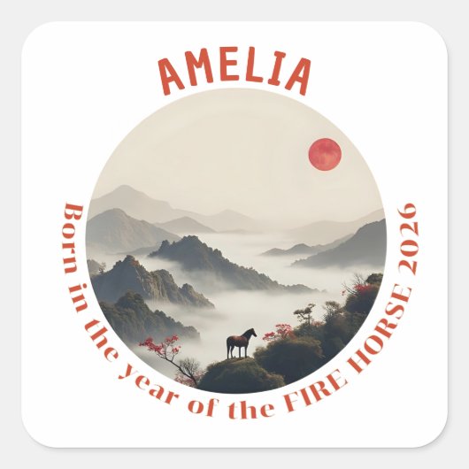Born in Year of the Horse 2026 Chinese Mountain Vierkante Sticker (Voorkant)