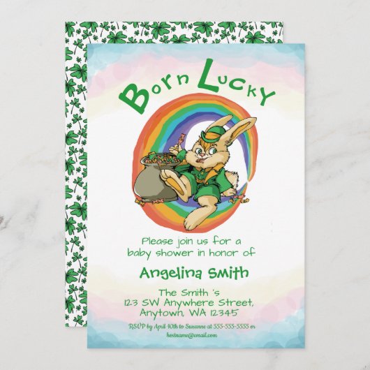 Born Lucky Little Saint Patrick Rabbit Baby shower Kaart (Voorkant / Achterkant)