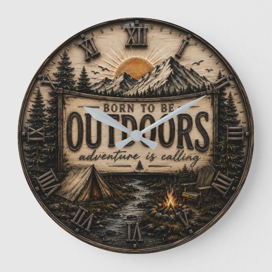 Born to Be Outdoors Rustic Camping Mountain Grote Klok (Voorkant)