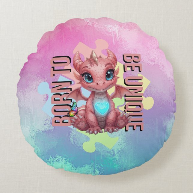 Born to Be Unique – Dragon Heart Cute Baby Dragon  Rond Kussen (Voorkant)