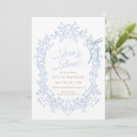 Born to Bloom Blue Floral Birthday Kaart (Staand voorkant)