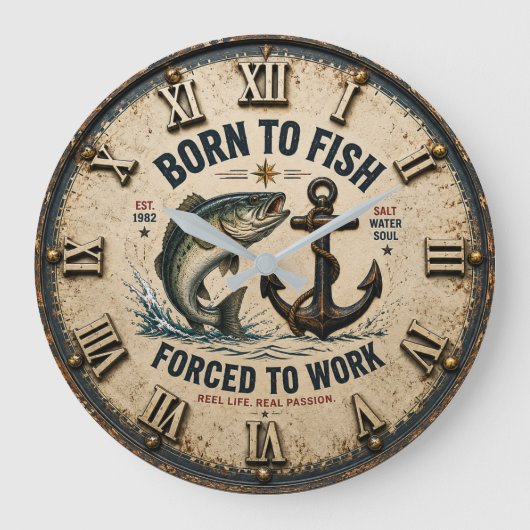 Born to Fish Forced to Work Rustic Fisherman Gift Grote Klok (Voorkant)