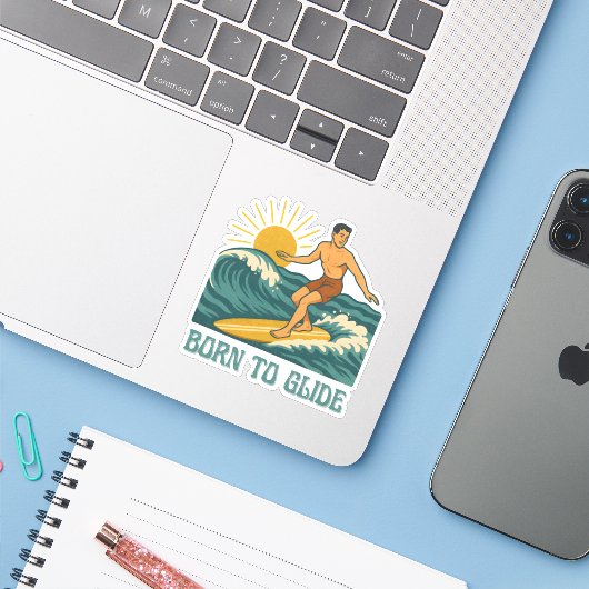 Born To Glide Cali Surfer -Retro Surf Art- Surfing Sticker (Laptop met iPhone)