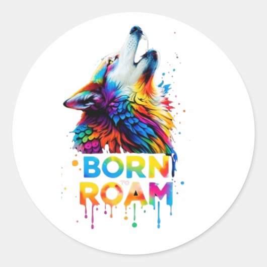 Born to Roam Colorful Wolf Ronde Sticker (Voorkant)