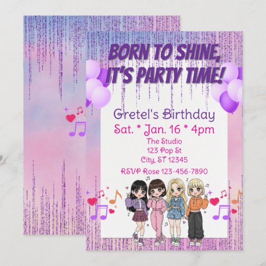 Born to Shine, Party Time, KPOP Girl Band Birthday Kaart (Voorkant / Achterkant)