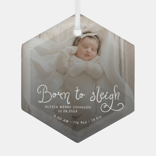 Born to Sleigh Baby Photo Birth Stats Christmas Glas Ornament (Voorkant)