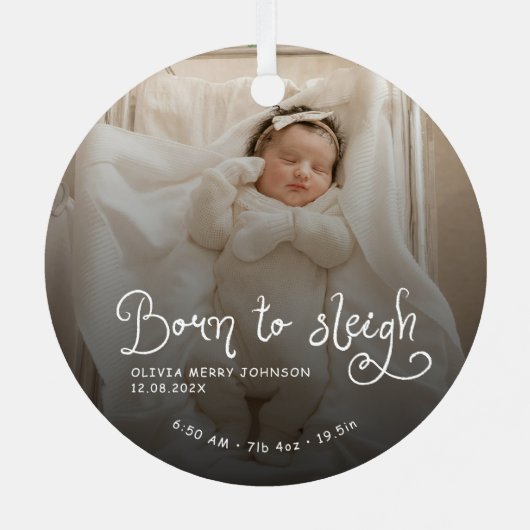 Born to Sleigh Baby Photo Birth Stats Christmas Metalen Ornament (Achterkant)