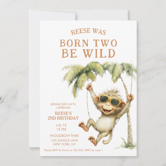 Born Two Be Wild Monkey Second Birthday Kaart (Voorkant)