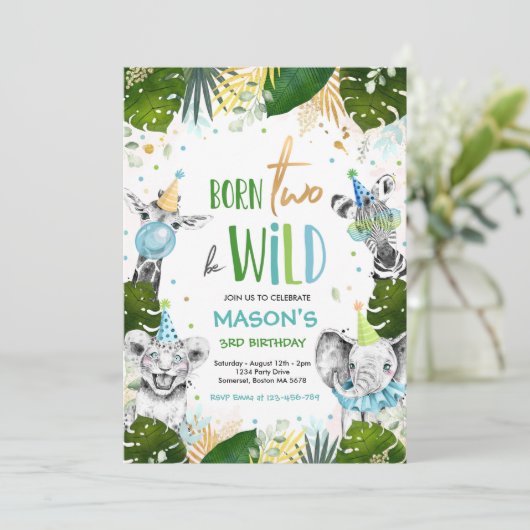Born Two Be Wild Verjaardag Safari Dieren Partij Kaart (Staand voorkant)
