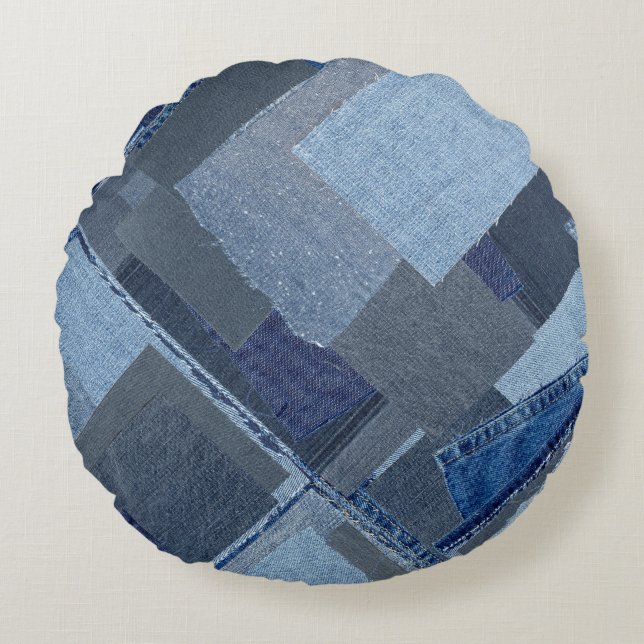 Boro Blue Jean Patchwork Denim Shibori Rond Kussen (Voorkant)
