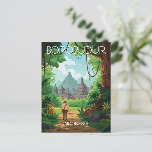 Borobudur Indonesië Unesco  Retro reizen Briefkaart (Staand voorkant)