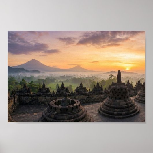 Borobudur Tempel Java Indonesië Zonsopgang Muurkun Poster (Voorkant)