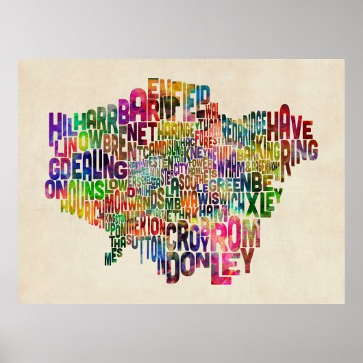 Boroughs of London Typography Text Map Poster (Voorkant)