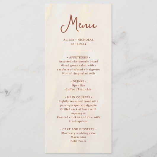 Borstel Goud & Terracotta Script Monogram Bruiloft Menu (Voorkant)