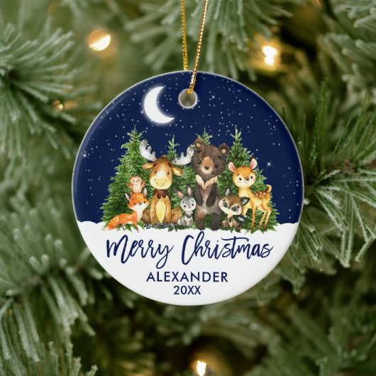 Borstel met Kerstmis Woodland Animals Blue Keramisch Ornament (Boom)