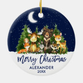 Borstel met Kerstmis Woodland Animals Blue Keramisch Ornament (Achterkant)