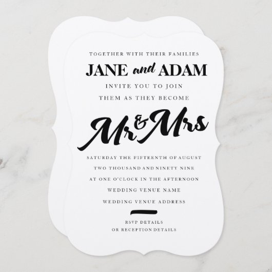 Borstel Mr. & Mrs Typografie Bruiloft Uitnodiging (Voorkant / Achterkant)