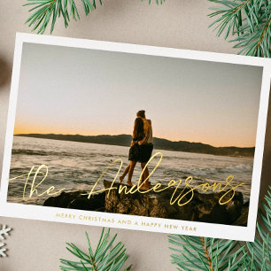 Borstel Schrift Typografie Familie Naam Foto Goud Folie Feestdagenkaart