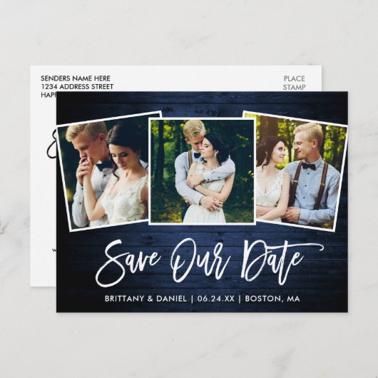 Borstel Script Blauw Hout Opslaan Onze Datum 3 Fot Briefkaart (Voorkant / Achterkant)