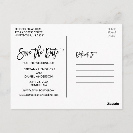 Borstel Script Blauw Hout Opslaan Onze Datum 3 Fot Briefkaart (Achterkant)