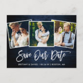 Borstel Script Blauw Hout Opslaan Onze Datum 3 Fot Briefkaart (Voorkant)