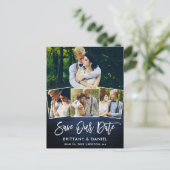 Borstel Script Blauw Hout Opslaan Onze Datum 4 Fot Briefkaart (Staand voorkant)