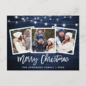 Borstel Script Blauwe Houten Lichten 3 Foto Kerstm Briefkaart (Voorkant)