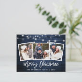 Borstel Script Blauwe Houten Lichten 3 Foto Kerstm Briefkaart (Staand voorkant)