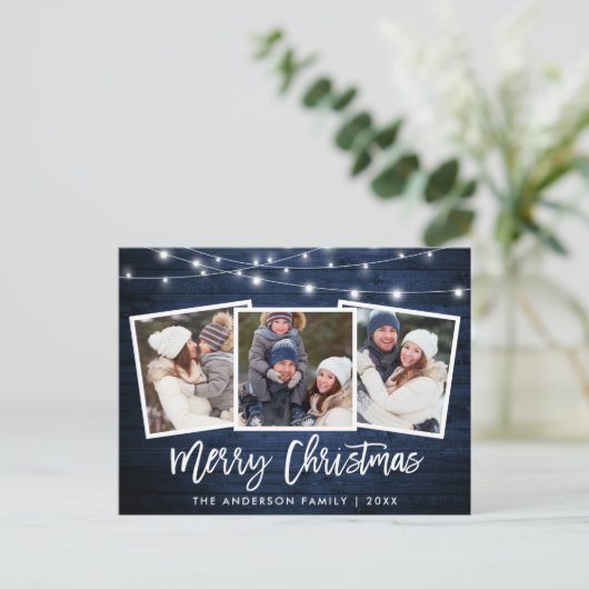 Borstel Script Blauwe Houten Lichten 3 Foto Kerstm Briefkaart (Staand voorkant)