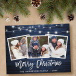 Borstel Script Blauwe Houten Lichten 3 Foto Kerstm Briefkaart<br><div class="desc">Rustiek Blauw Houten Borstelschrift 3 Foto Familie Vrolijke Kerstmis Kaart met Koordlichten</div>